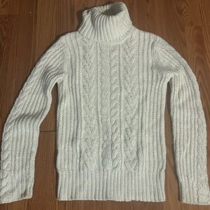 Eddie Bauer White Glitter Turtleneck Fisherman Sweater Size XS Cable Knit Preppy